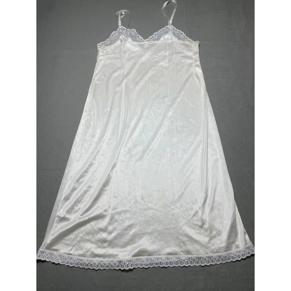 Sears 36 Full Slip Night Dress Vintage Nylon Ivory Lace Adjustable Strap V-neck*